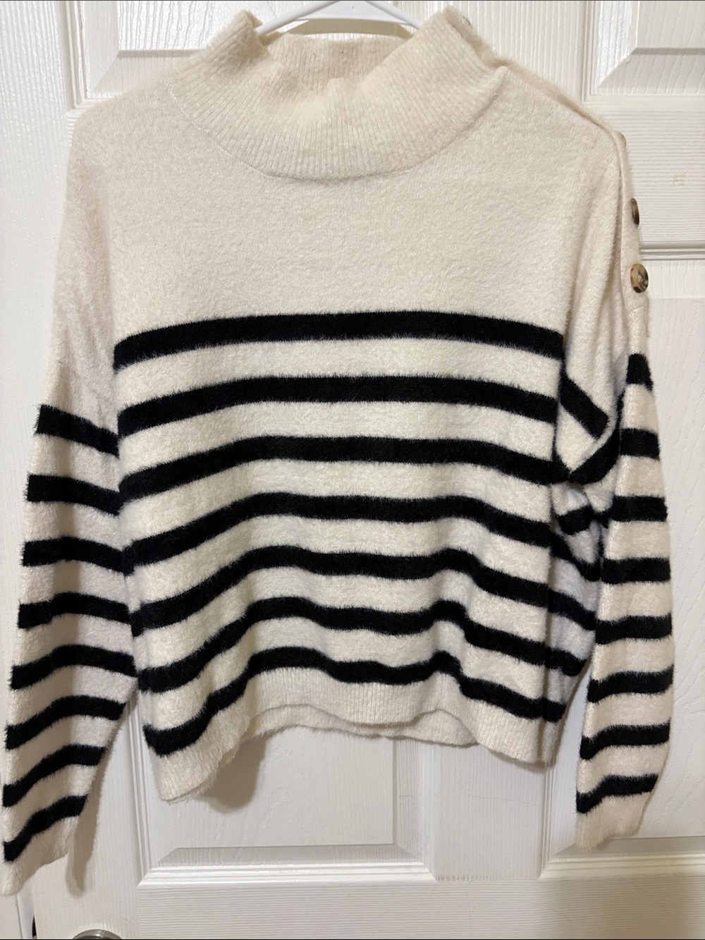 Blue Rain Cream & Black Striped Cowl Sweater